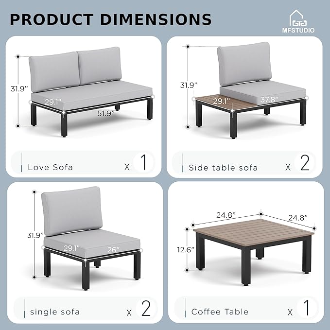 MFSTUDIO 6 Pieces Patio Furniture Set, Metal Outdoor Sectional Sofa Modular Outdoor Couch, Modern Patio Conversation Set with Coffee Table for Backyard, Garden