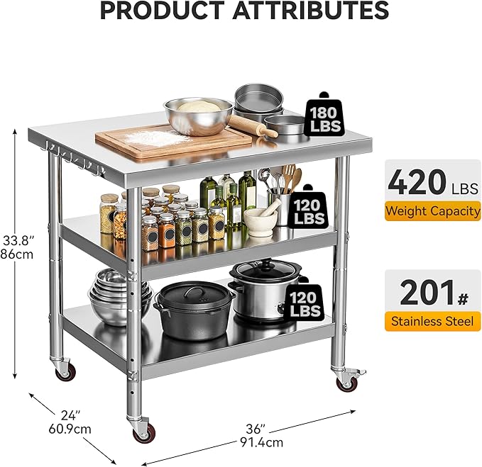 DWVO 36x24in Stainless Steel Table, NSF Metal Prep Worktable with 2 Adjustable Shelves & Wheels for Kitchen Restaurant Hotel Garage Warehouse Home