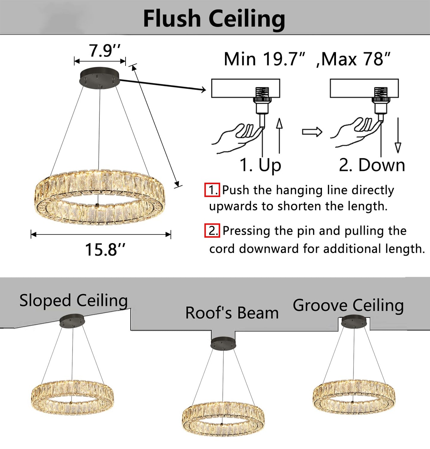 HAIXIANG Modern Crystal Chandelier Dimmable LED 16 Inch Ring Pendant Lights Adjustable Glam Chandeliers Lighting Fixtures for Dining Room Living Room Bedroom Black Light