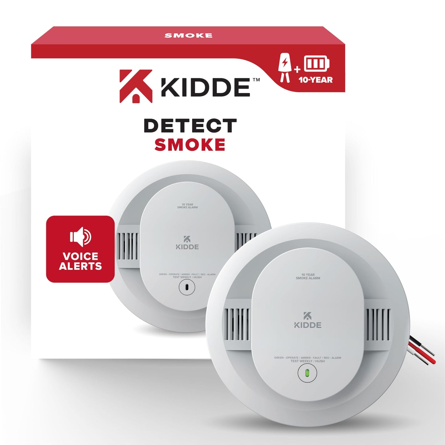 Kidde Hardwired Smoke Detector, 10-Year Battery Backup, Voice Alerts, Interconnectable, LED Warning Light Indicators, 20SA10-V