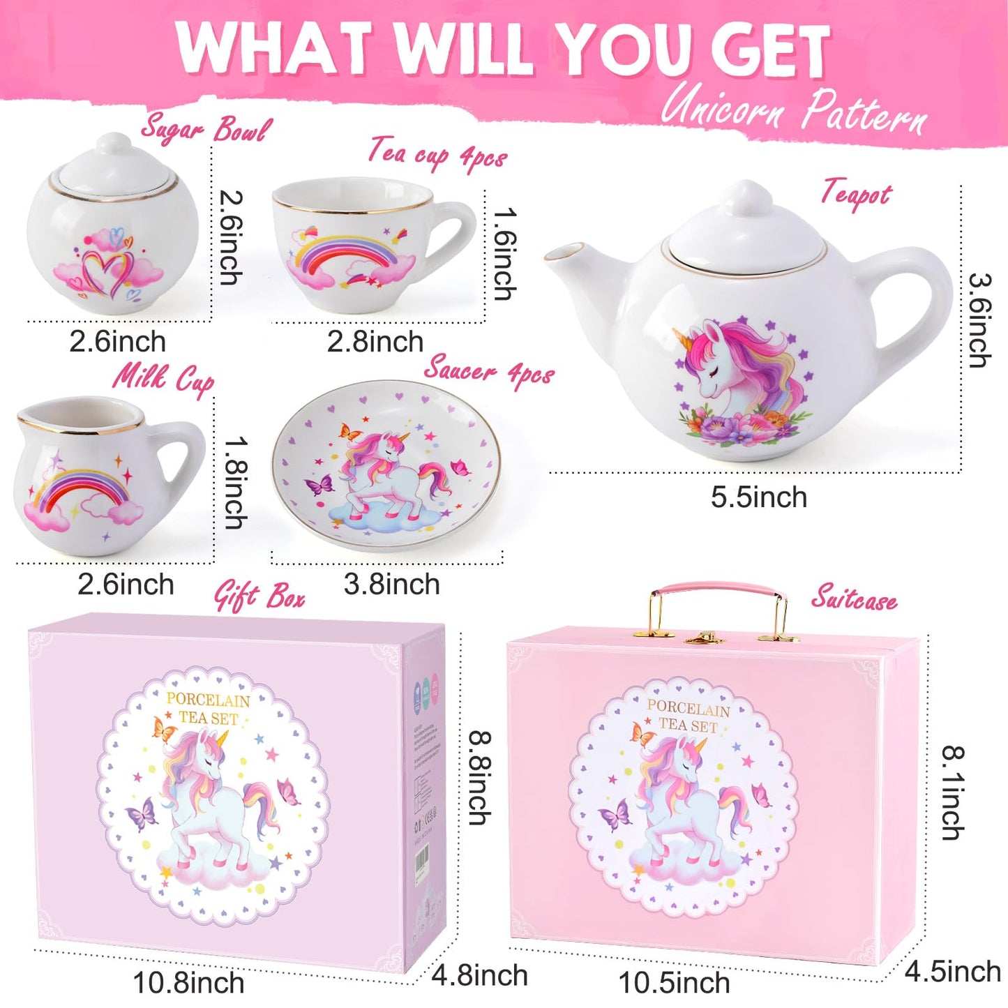 Tacobear Porcelain Tea Set for Girls Toys Unicorn Gift, 13pcs Tea Party Set with Teapot & Cup & Saucer & Suitcase, Kid Kitchen Pretend Playset Birthday Unicorn Toys for Girls 3 4 5 6-8