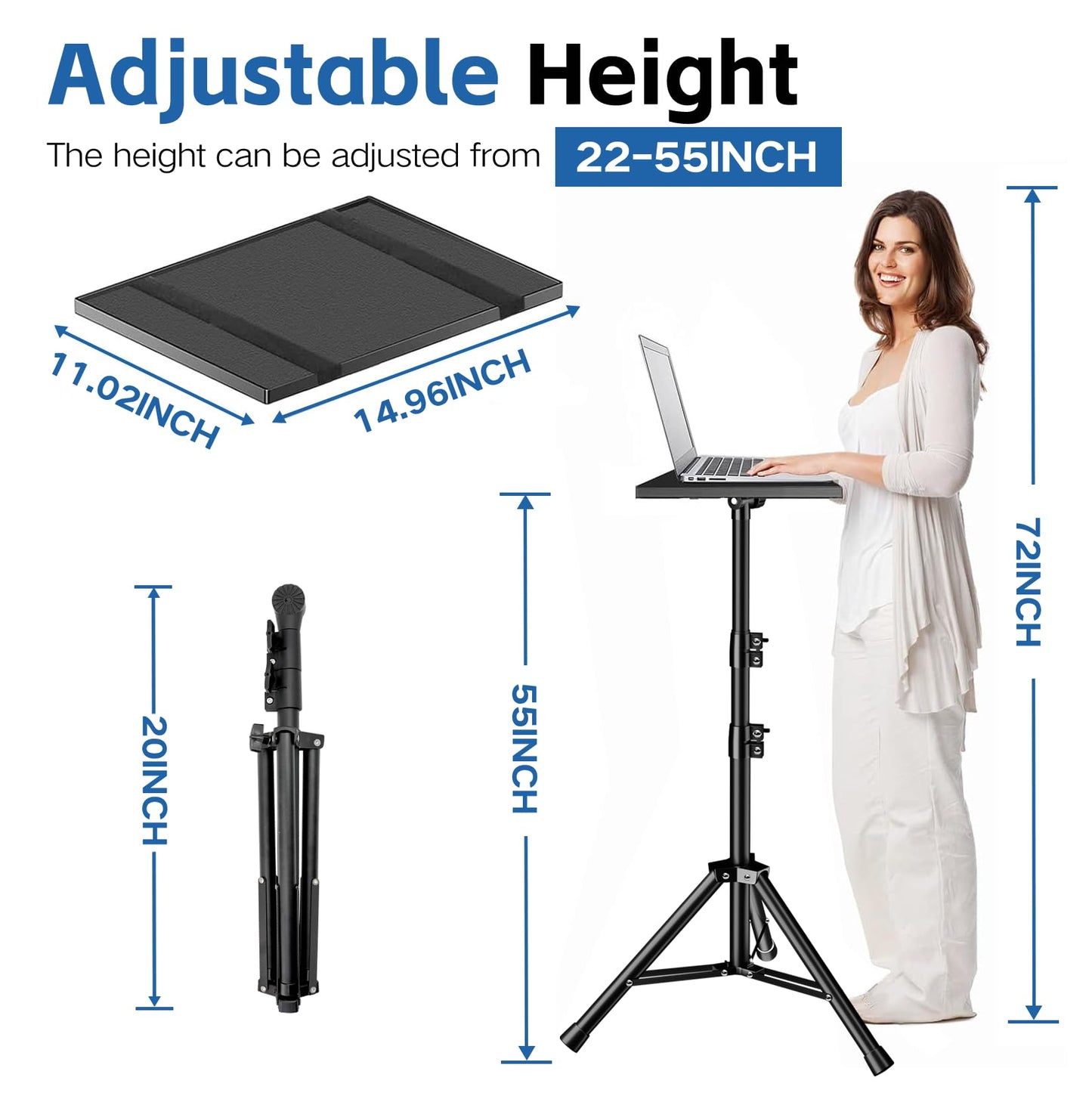 REHOSEUP Heavy Duty Projector Stand, 33LB Load Bearing & 22-55" Height Adjustable, for Projector/Laptop/DJ Gear, Outdoor/Office/Studio - Stable Base (Black)