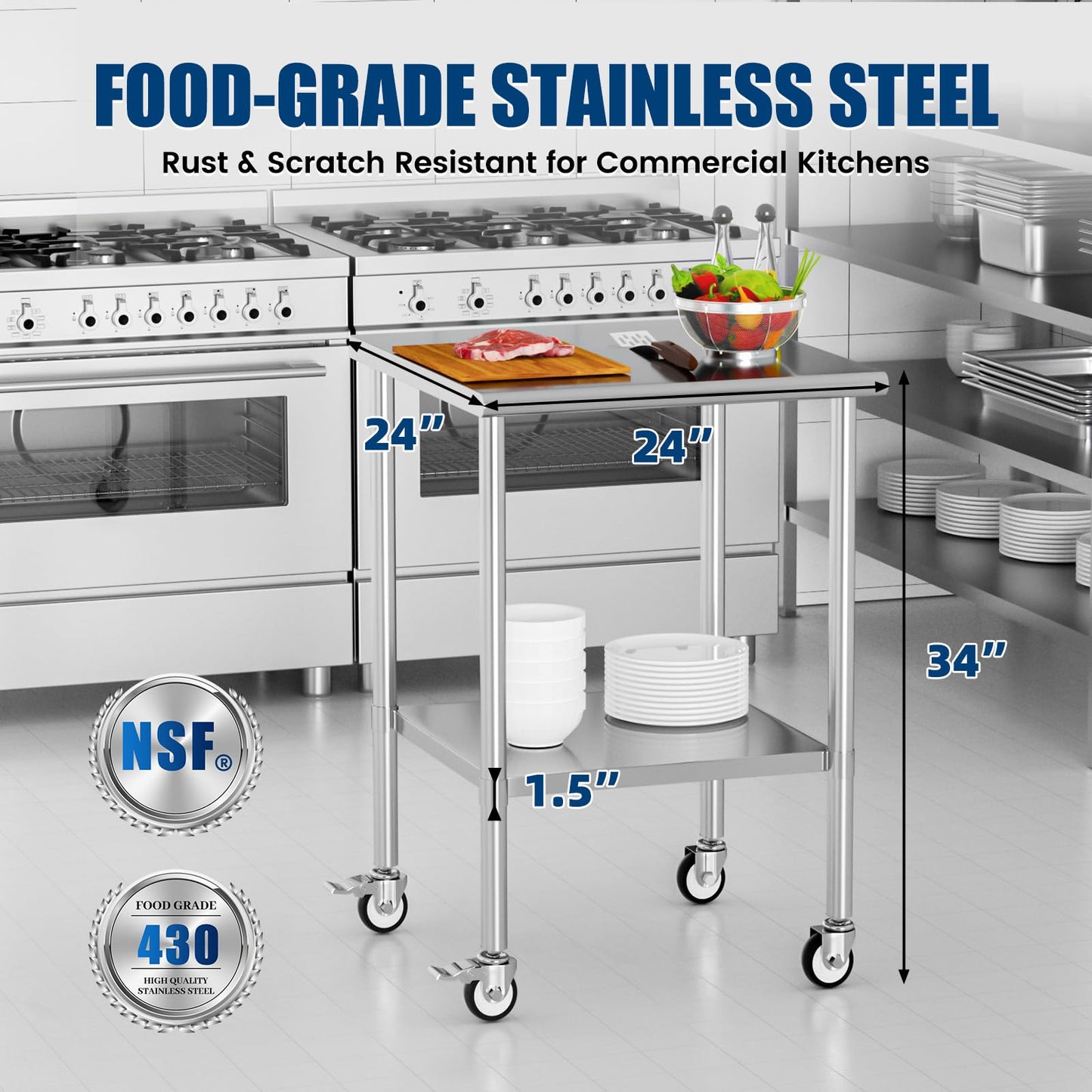 Chingoo Stainless Steel Work Table with Wheels, 24x24 Inch NSF Kitchen Prep Table with Adjustable Undershelf for Commercial Restaurant, Garage, Outdoor BBQ