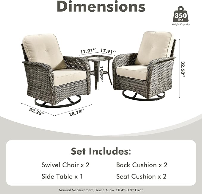 CAODOC 3-Piece Swivel Rocking Rattan Chair Outdoor, Patio Bistro Furniture Conversation Set, Wicker Chair with Coffee Table Beige