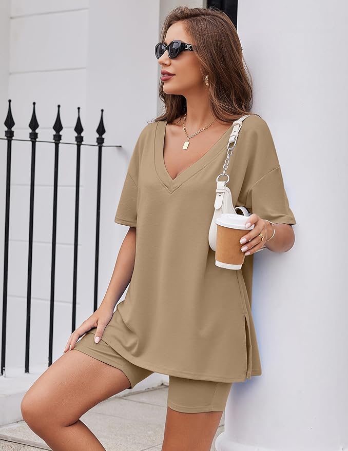 Ekouaer Womens Pajamas 2 Piece Lounge Sets Oversized V Neck T-Shirts Tops Biker Shorts Set Workout Reversible Tracksuit S-XXL