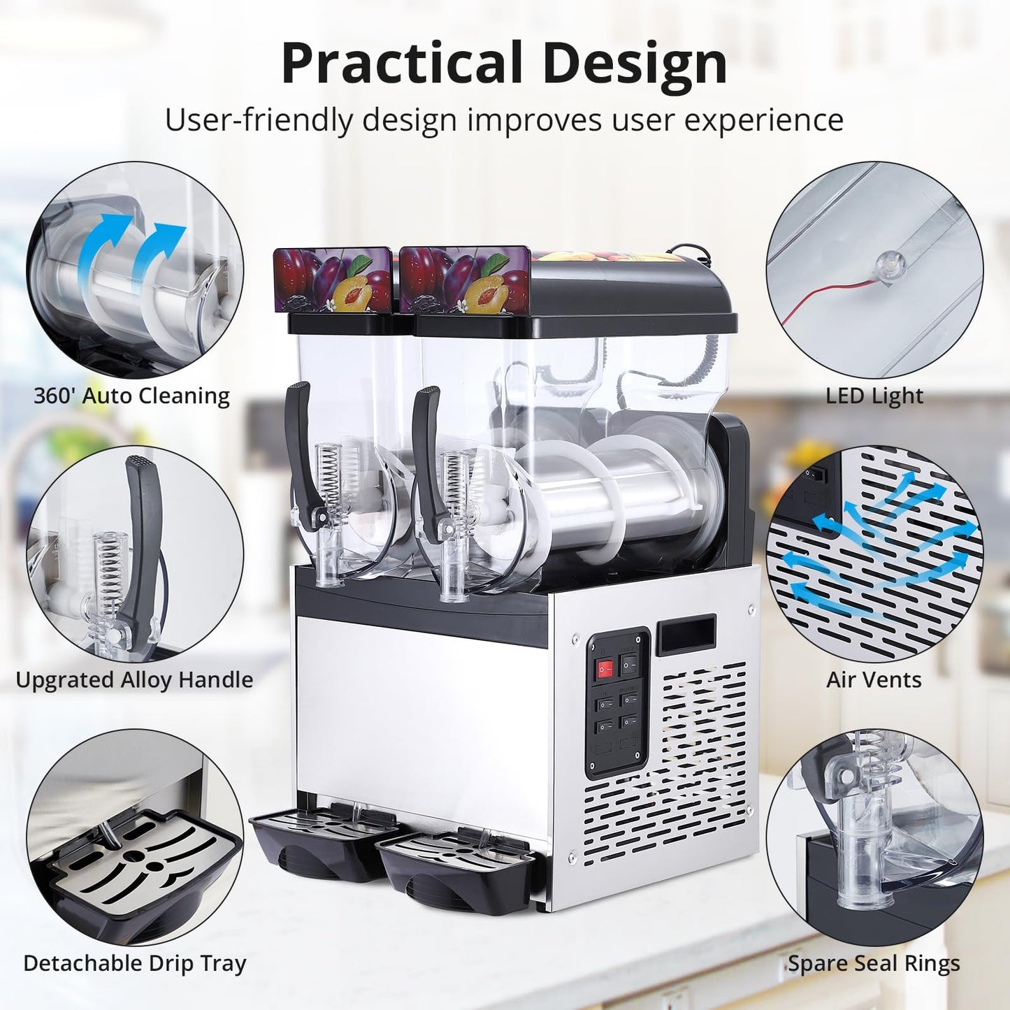 GarveeTech Commercial Slushy Machine, 15 L*2 slushy machine for home, 700W Professional cocktail margarita Frozen Drink Maker with Automatic cleaning mode, Stainless Steel Construction, Efficient