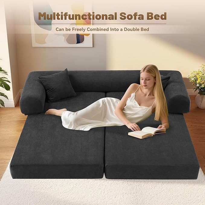 GJQ Convertible Futon Sofa Bed,80" Folding Pull Out Couch Bed with Pillows & Storage,Queen Sleeper Sofa Bed,Compressed Couch in a Box,Corduroy Boneless Couches for Living Room,Deep Gray