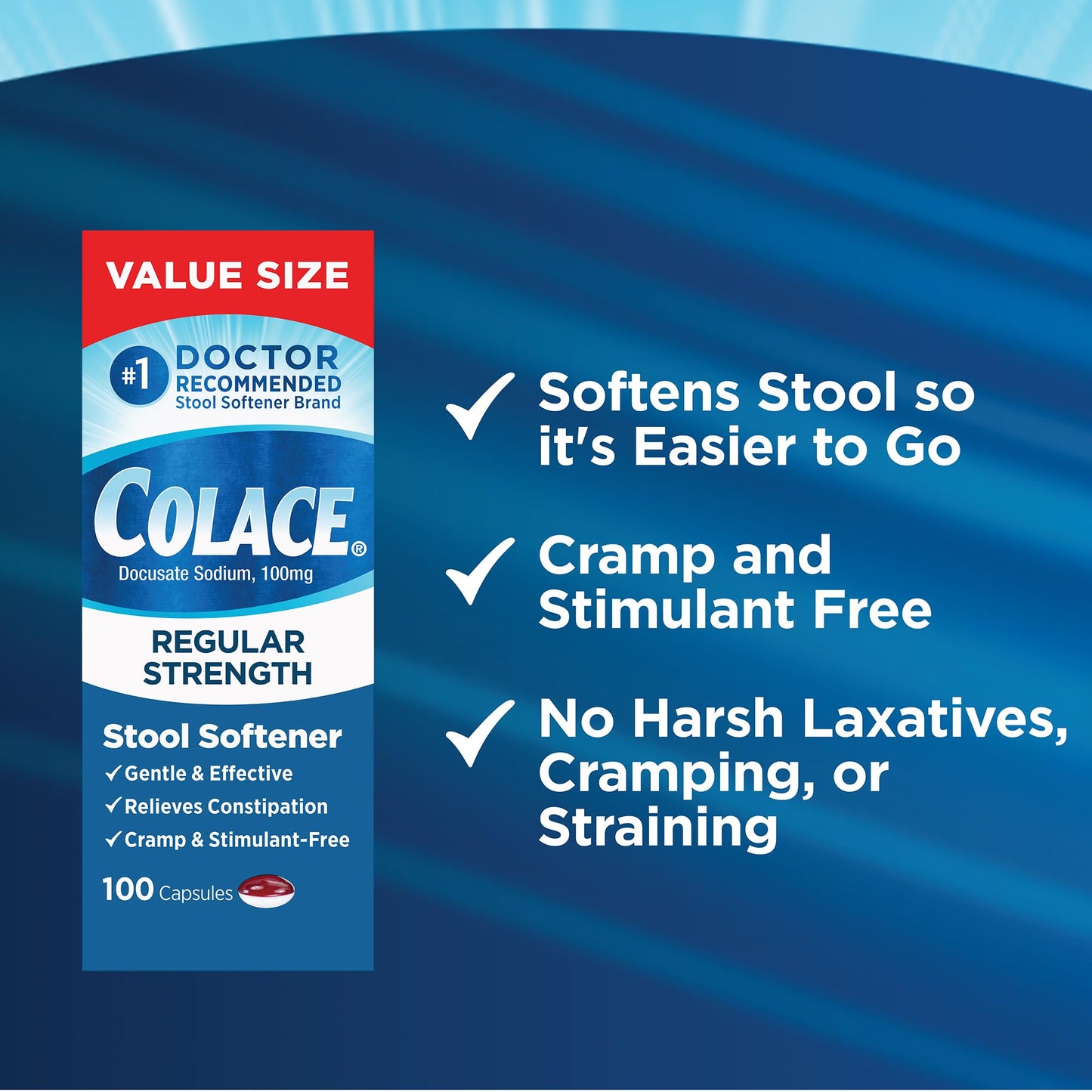 Colace Stool Softener 100 mg, 100 Capsules, Constipation Relief, Docusate Sodium, Gentle Docusate, Stimulant-Free, Regular Strength, #1 Doctor Recommended Stool Softener Brand