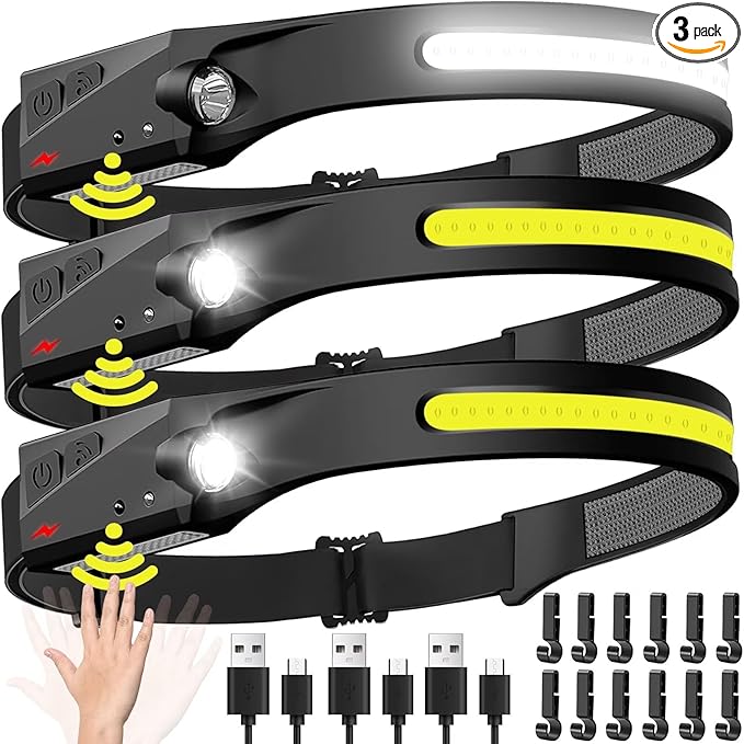 Headlamp Rechargeable 3PCS, 230° Wide Beam Head Lamp LED with Motion Sensor for Adults - Camping Accessories Gear, Waterpr...