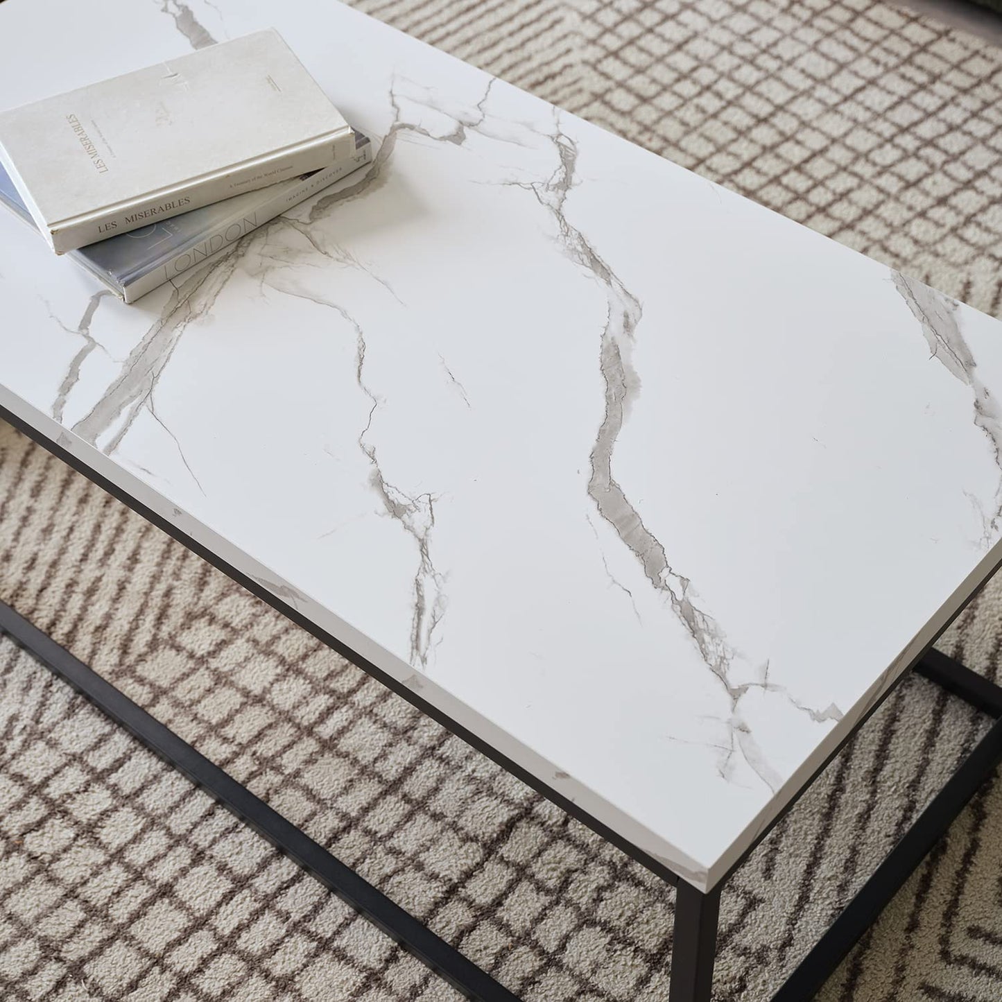 CENSI 40" White Marble Coffee Table for Living Room, Modern Rectangle Cocktail Table with Black Metal Legs, Industrial Faux Stone Center Table, Extra Thick Top, Sturdy & Easy Assembly