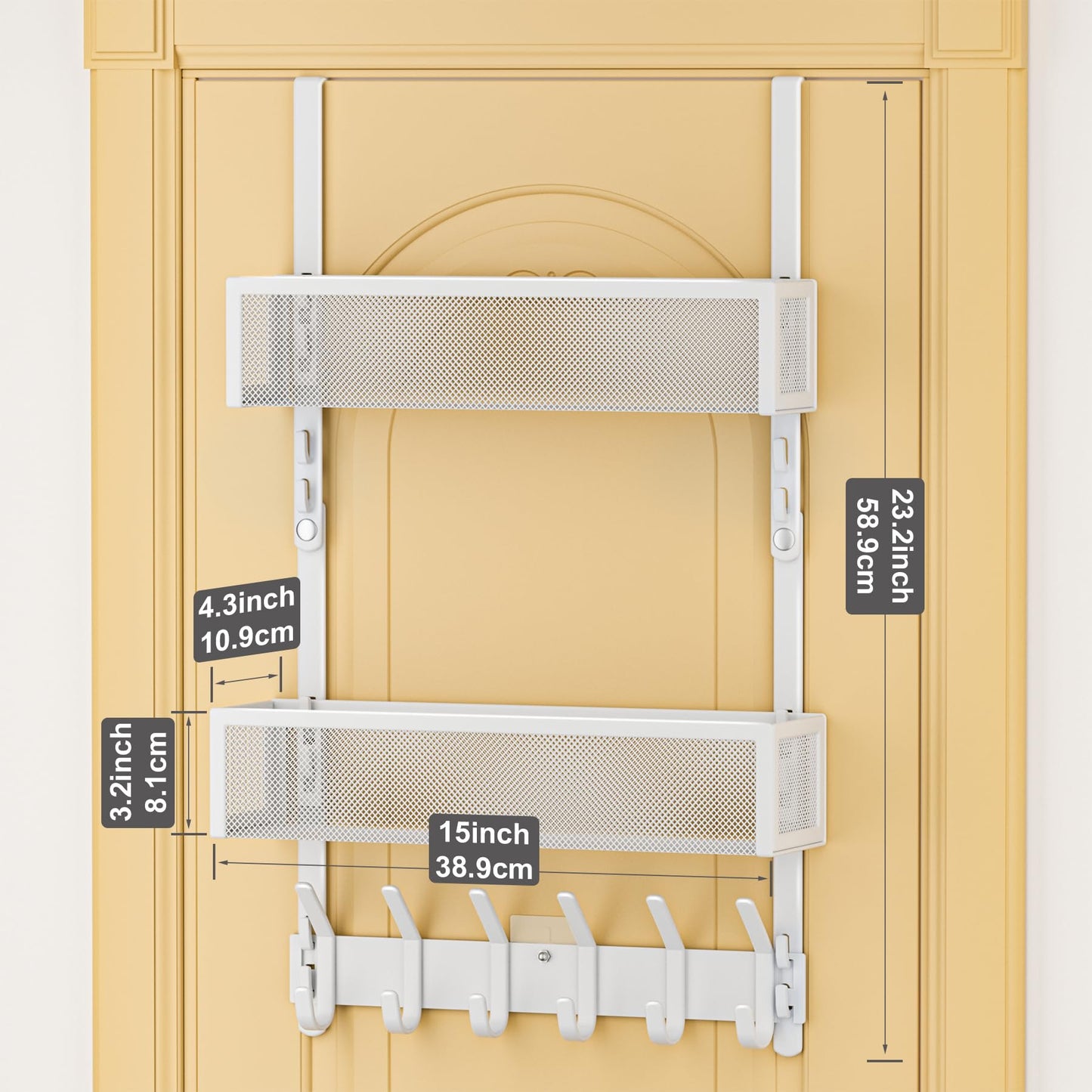 LUCYCAZ Adjustable Over The Door Hooks Organizer, Hanger Storage with 10 Coat Hooks & 2 Mesh Basket, Over The Door Towel Rack Organizer for Bathroom, Bedroom, Kitchen (White)