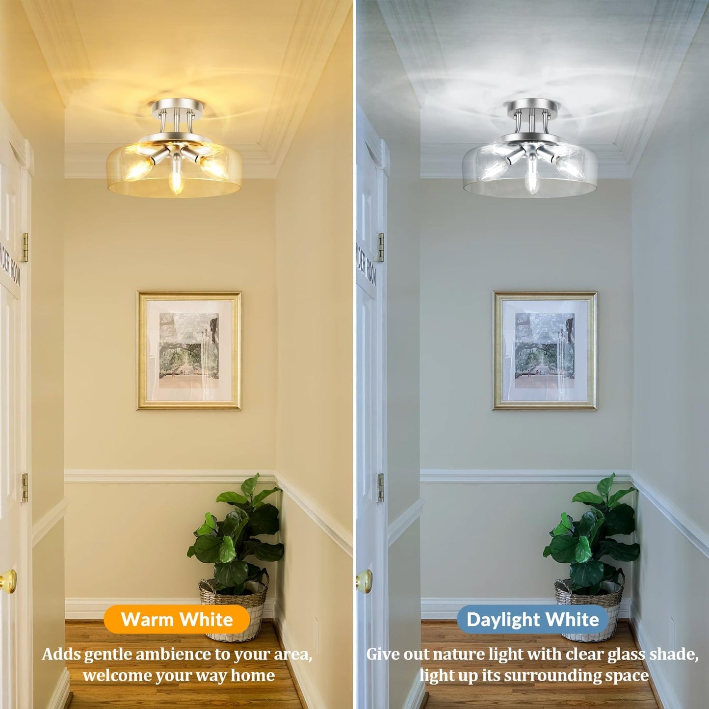 TOBUSA 3-Light Semi Flush Mount Light Fixture, Modern Industrial Glass Ceiling Light with E12 Base, Metal Semi Flush Ceiling Light for Living Room Kitchen Bedroom Hallway Balcony, No Bulbs, Nickle