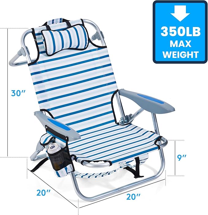 Canpsky Portable Beach Chair for Adults, Outdoor Camping Chair Lay Flat Folding Backpack Beach Reclining Chair with 5 Positions, Headrest, Cup Holder, Heavy White Striped
