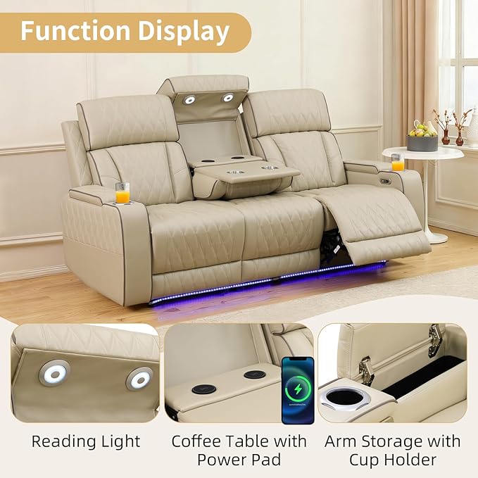 Caberryne Power Recliner Sofa Set with LED Lights,Leather Reclining Couch with Coffee Table/Storage Console/Cup Holder,Reclining Living Room Set with 5 Recliner Seats for House(3 Piece Set,Paddy)