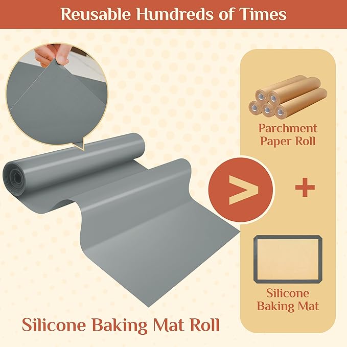 Silicone Baking Mat, 12 IN x 6 FT Free Cutting Baking Sheet, Non-Stick Reusable Dough & Pastry Mat, Non-Slip Silicone Mat Roll for Air Fryer Liner, Freeze Dryer, Oven Baking Pan, Kitchen Counter