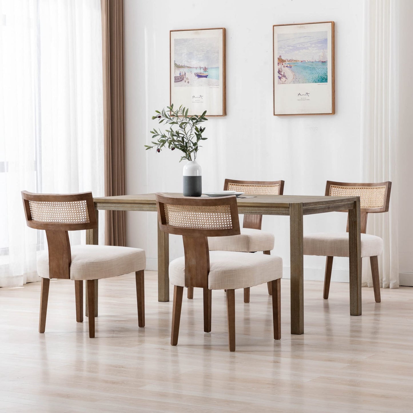 RIVOVA Rattan Dining Chairs Set of 4, Mid Century Modern Dining Chair Upholstered Linen Fabric Kitchen Side Chair, Modern Kitchen Armless Solid Wood Dining Chairs, Beige