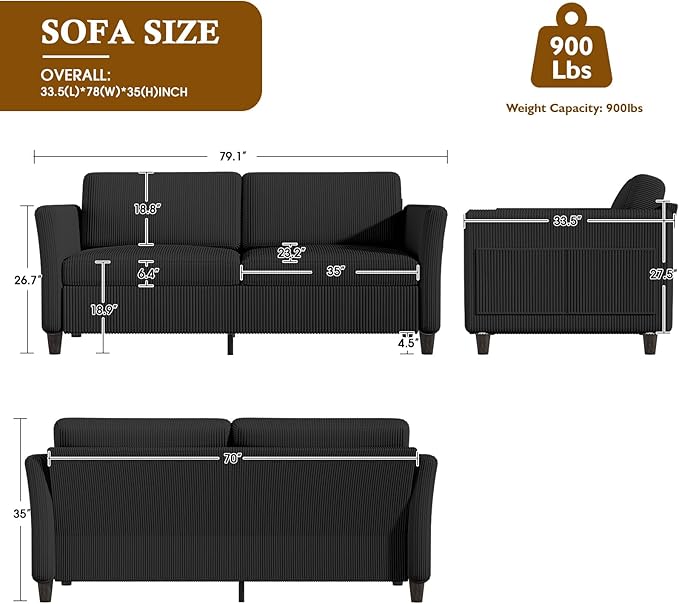 Valthie 79.1" Corduroy Loveseat Sofa, Modern Comfy Couches with Side Pocket, 3-Seater Sofa Couch for Living Room, Bedroom and Small Spaces,Black