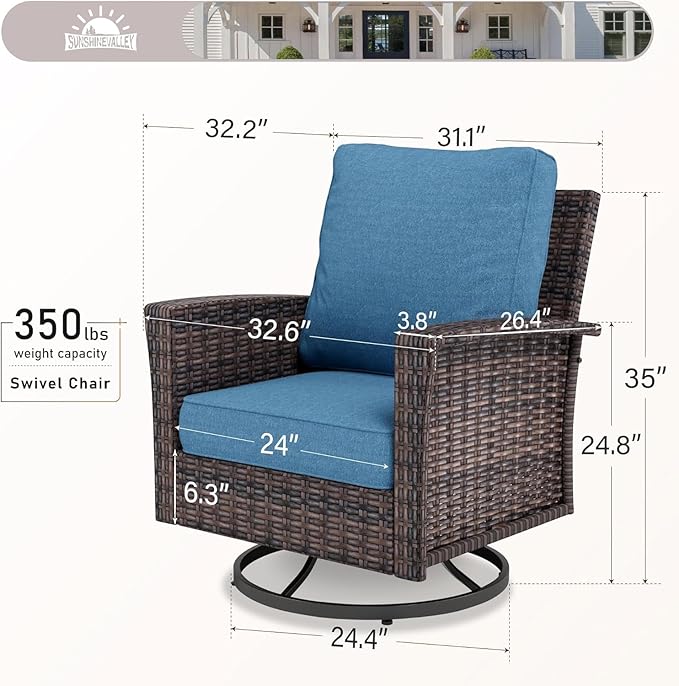 SUNSHINE VALLEY Patio Wicker Swivel Chairs Set of 2, Outdoor High Back Chairs with 5.5" Waterproof Cushions, Outdoor Furniture Set for Deck Porch and Yard, Peacock Blue