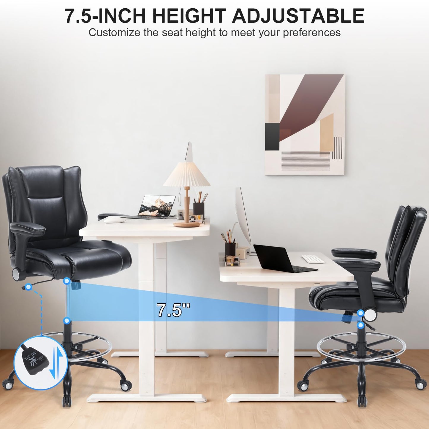 Office Drafting Chair, Tall Desk Chair with Adjustable Armrests and Footrest Ring PU Leather Standing Desk Chair with Extra Thicken Seat Cushion, Comfy High Office Chair for Counter Height Desk, Black