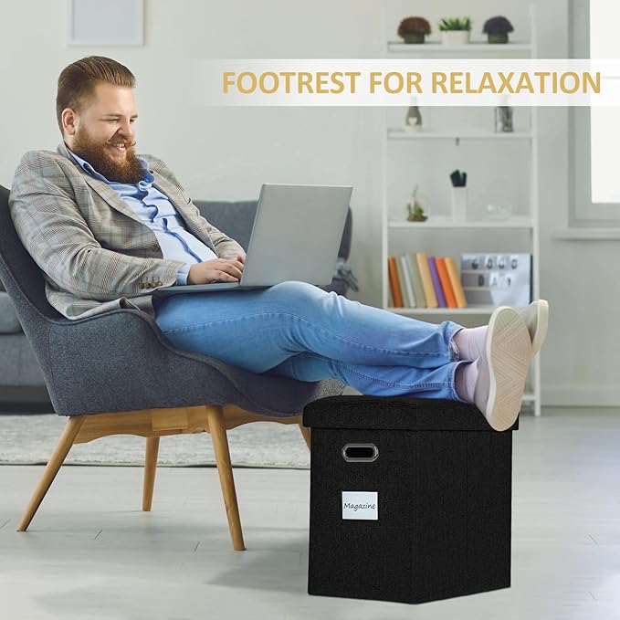 Emosoon Tall Ottoman with Storage Collapsible Fabric Small Slim Folding Ottoman Furniture with Handles Lid for Room Footrest Foot Stool Linen Black 16.5x16.5x11.8in