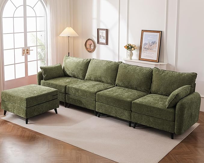 Rexulqo 135'' Modular Sectional Sofa with All Seats Storage, Oversized L Shaped Couch for Living Room,4-Seater Comfy Cloud Couches with Movable Ottoman,Big Sectionals for Bedroom,Velet,Green