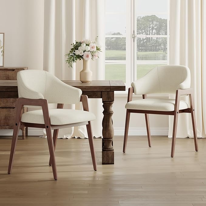 MALOL Wooden Dining Chairs Set of 2, Modern Fabric Upholstered Dining Room Chair, Kitchen Side Chairs, Farmhouse Dinner Chair with Curved Open Back for Kitchen, Beige