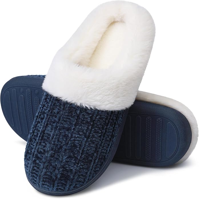 shoeslocker Women's Memory Foam Fuzzy Slippers Knit house shoe for Women Comfy Wool-Like Lined Slippers Indoor Outdoor