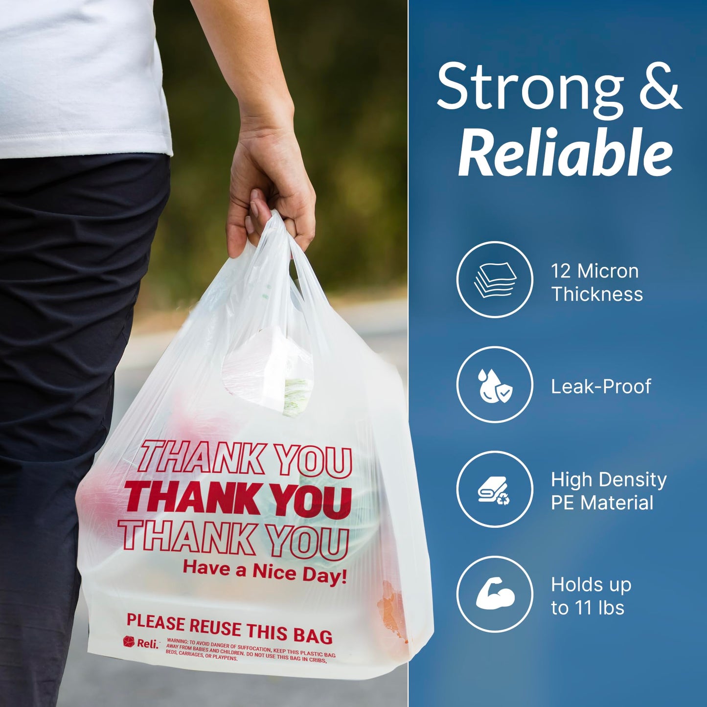 Reli. Thank You Plastic Bags | 150 Pack | (11.5" x 6.5" x 21"), White | Plastic Bags with Handles | Ideal for Grocery, Shopping, Food Take Out, Restaurants, Small Business