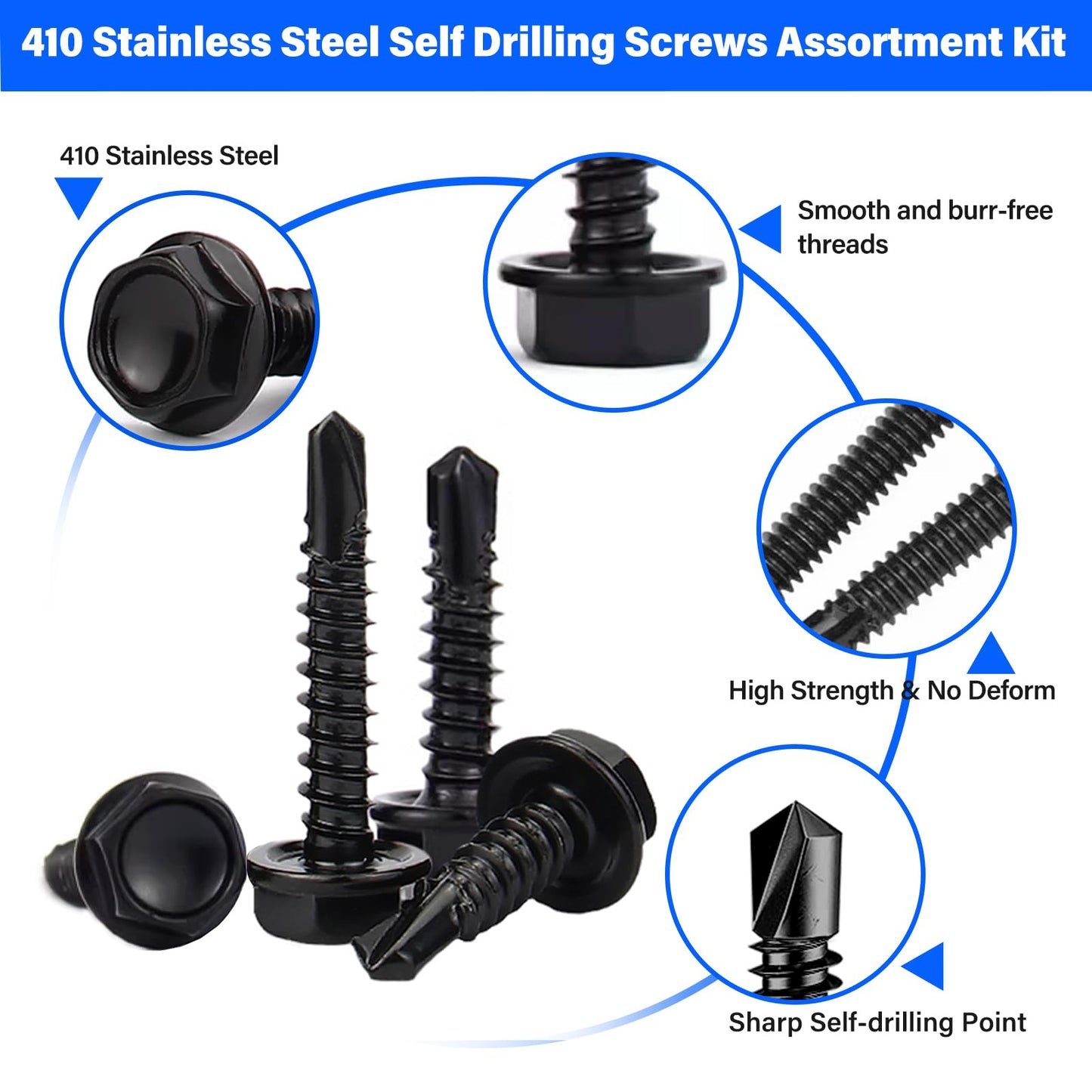 450PCS Self Tapping Screws for Metal, 410 Stainless Steel Self Drilling Screws #8#10 Hex Head Sheet Metal Screws Assortment Kits, Length 1/2"" to 1-1/4'' (Black)