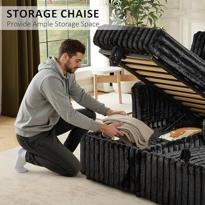 Sleeper Sofa Bed, 81” Pull Out Couch Bed with Reversible Storage Chaise, 3 in 1 L-Shaped Couch with Charging Station, Cup Holder, Side Pocket, Plush Corduroy Couches for Living Room(Black)