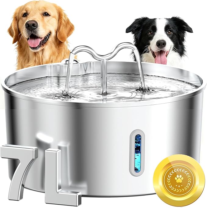 Dog Water Fountain for Large Dogs, 7L/236oz Stainless Steel Dog Water Bowl Dispenser, Automatic Pet Fountain, Ultra Quiet ...