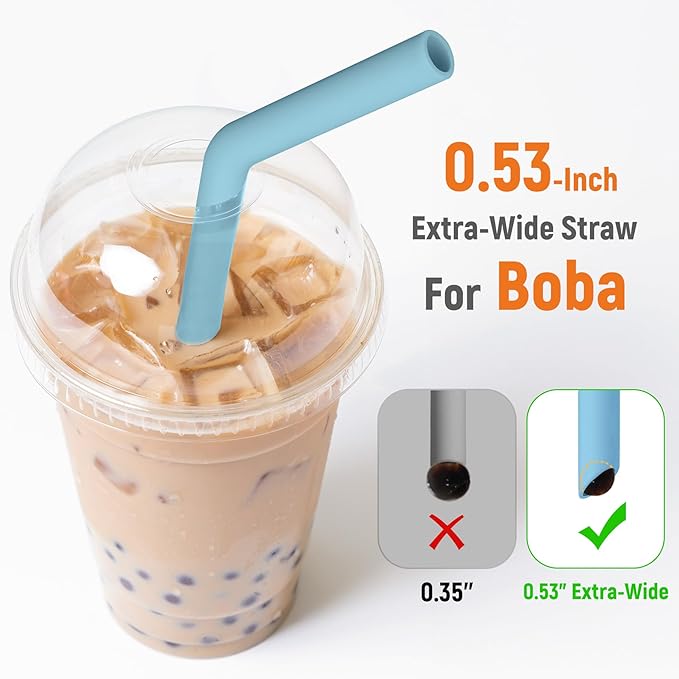 NiHome 6PCS Extra Wide Reusable Bent Silicone Straws for Boba, Smoothies, Bubble Tea, Bent Straws for Thick Drinks, Child-Safe, Customizable Length, 2 Brushes Easy Cleaning (Ocean Colors)