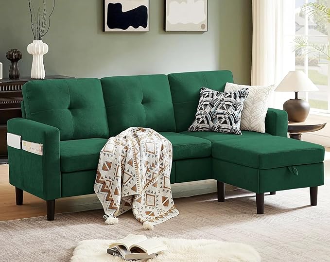 Pingliang Home 80" Convertible Sectional Sofa Couch with Movable Ottoman, 3 Seats Sectional Sofas L Shaped Couch for Small Spaces, Soft Fabric Couch for Living Room (Green)