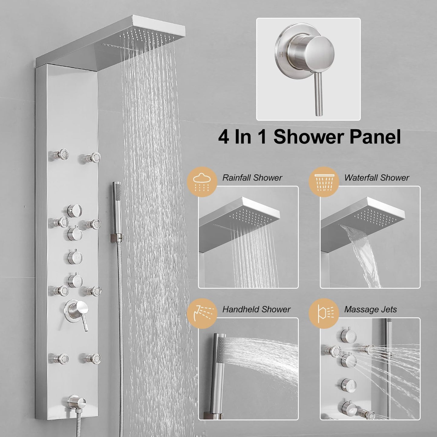 BATHLAVISH Shower Panel Tower System, 4 in 1 Stainless Steel Rainfall Shower Panels with 4-Functions, 8 Body Massage Jets, Handheld Head, Wall Mounted Brushed Nickel