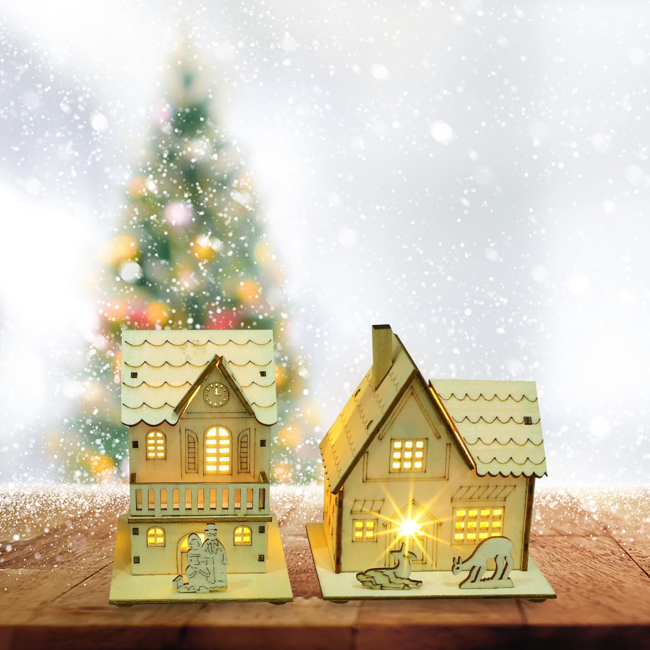 Toyvian 3pcs Christmas Led Light Wooden House with Battery, Unfinished Wooden Christmas Village Mini Houses House Landscape Decors for Christmas Table Centerpieces Holiday Home Decor