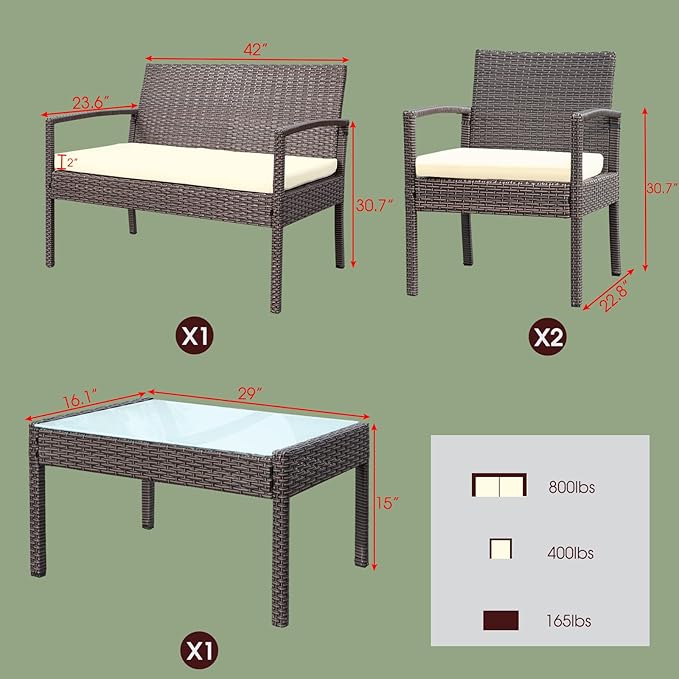 PAOLFOX 4 Piece Outdoor Patio Furniture Set, Rattan Patio Conversation Set with Table,Modern Wicker Chairs and Table Sets,Outdoor Furniture for Porch, Garden, Lawn,Beige