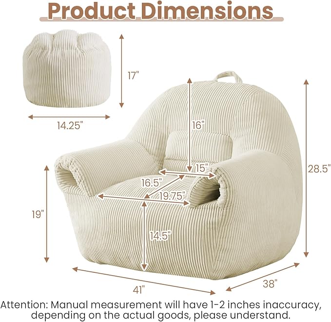 Peace nest Bean Bag Chair with Memory Foam Filled Ultra Soft Corduroy Cover for Adults Comfy Fur Bean Bag Chairs with Armrests Ottoman for Bedroom Living Room Office Dorm Reading Beige