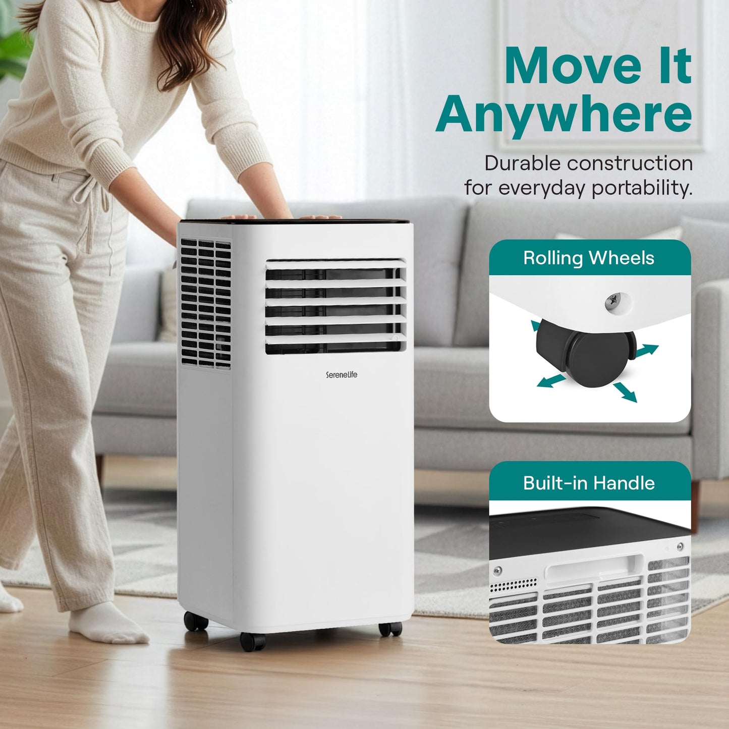 SereneLife Small Air Conditioner Portable 8,000 BTU with Built-in Dehumidifier - Portable AC unit for rooms up to 350 sq ft - WiFi app + Remote Control, Window Mount Exhaust Kit