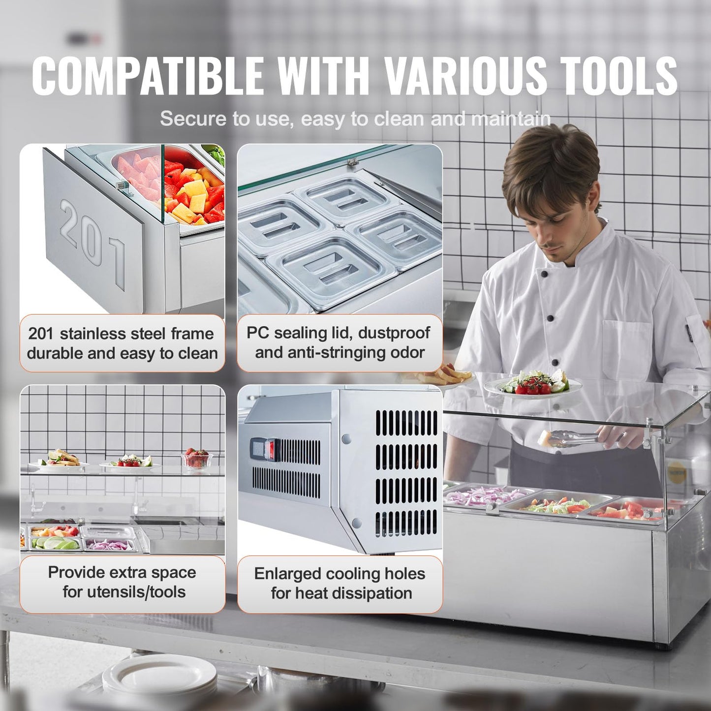 VEVOR Condiment Prep Rail Station, 140 W Countertop Refrigerated Condiment Station, with 3 1/3 4 1/6 Pans, 304 Stainless Body and PC Lid, Sandwich Prep Table with Glass Guard, ETL, Silver