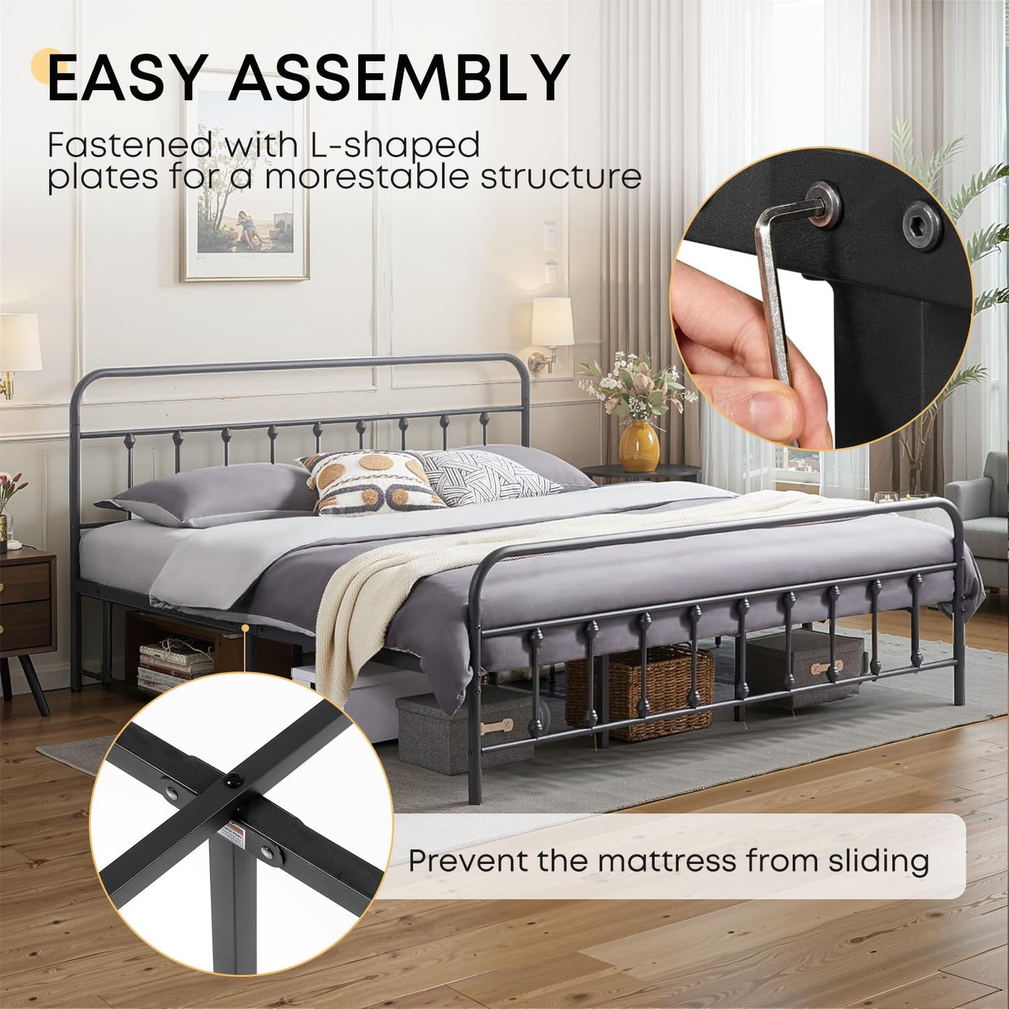 Chuangshuo Guard Queen Bed Frame-Classic Metal Platform Bed Frame Mattress Foundation with Victorian Style Iron-Art Headboard/Footboard/Storage Space/No Box Spring Needed/Black