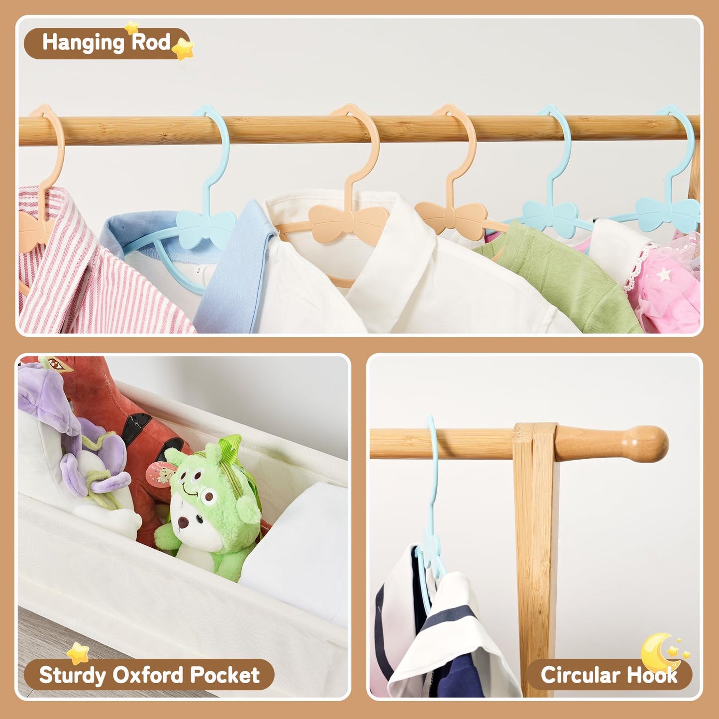 Bamboo Kids Clothing Rack with Storage Box - Foldable,Kids Dress Up Rack with Hooks & Rod, Organize Dress Up Storage & School Uniforms, Perfect for 4-13 Year Olds (Natural)