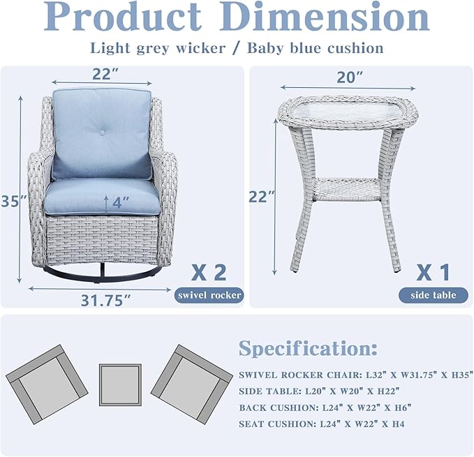 Belord Outdoor Swivel Rocker Patio Chairs Set of 3, High Back Swivel Patio Chairs Wicker Furniture Set, 2 PCS Rattan Swivel Rocking Chair with Side Table, Light Grey Wicker