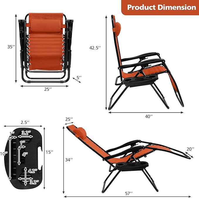 Tangkula Zero Gravity Chair, Folding Patio Lounge Chair Adjustable Outdoor Recliner with Cup Holder, Wide Armrest for Patio Garden Poolside Outdoor Yard Beach, Support 350 lbs (1, Orange)