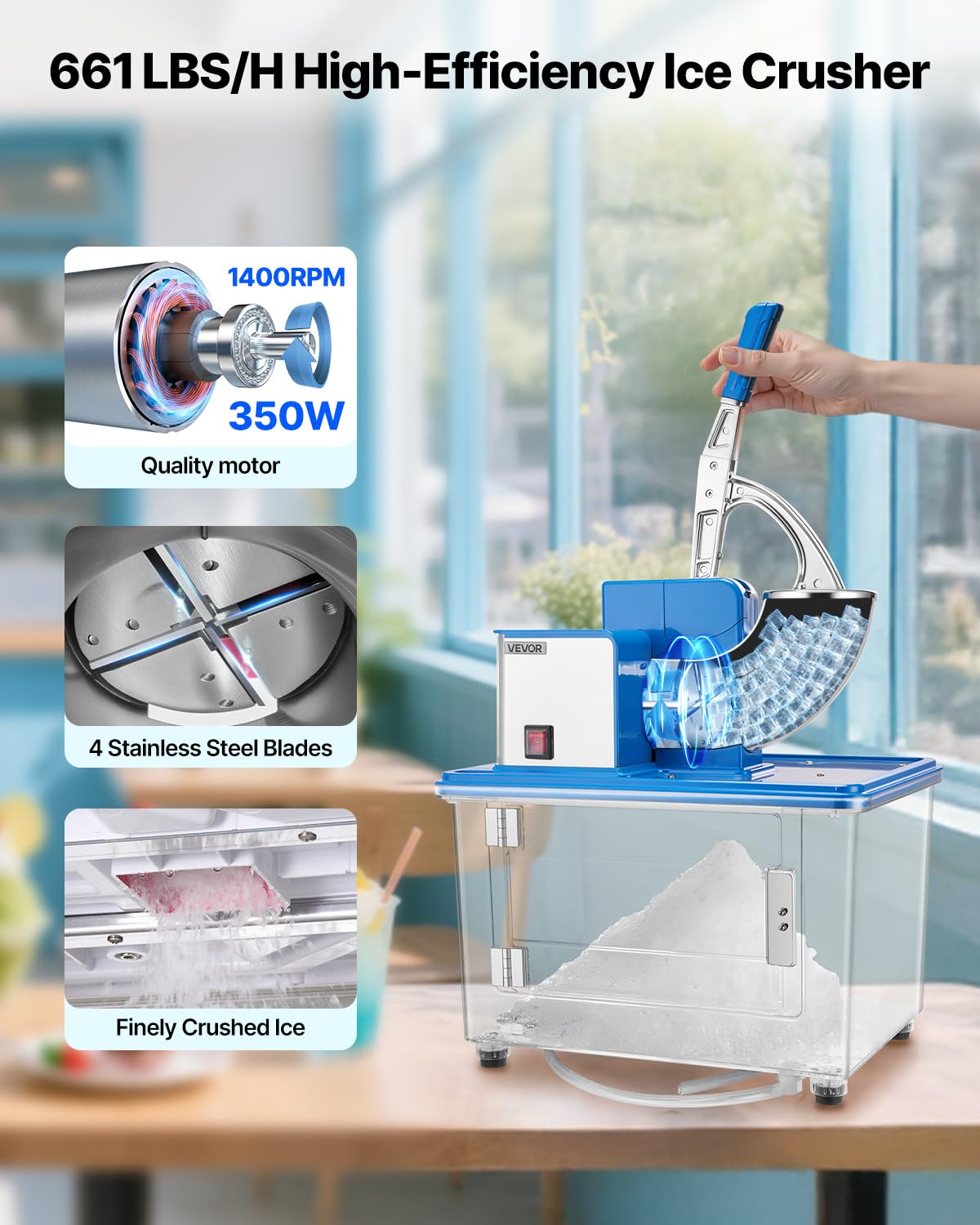 VEVOR Commercial Ice Crusher 661LBS/H, 350W Electric Snow Cone Machine with 4 Blades, 2000RPM Stainless Steel Shaved Ice Machine with 11 Gal Crushed-Ice Box, for Family Restaurants Bars, Blue
