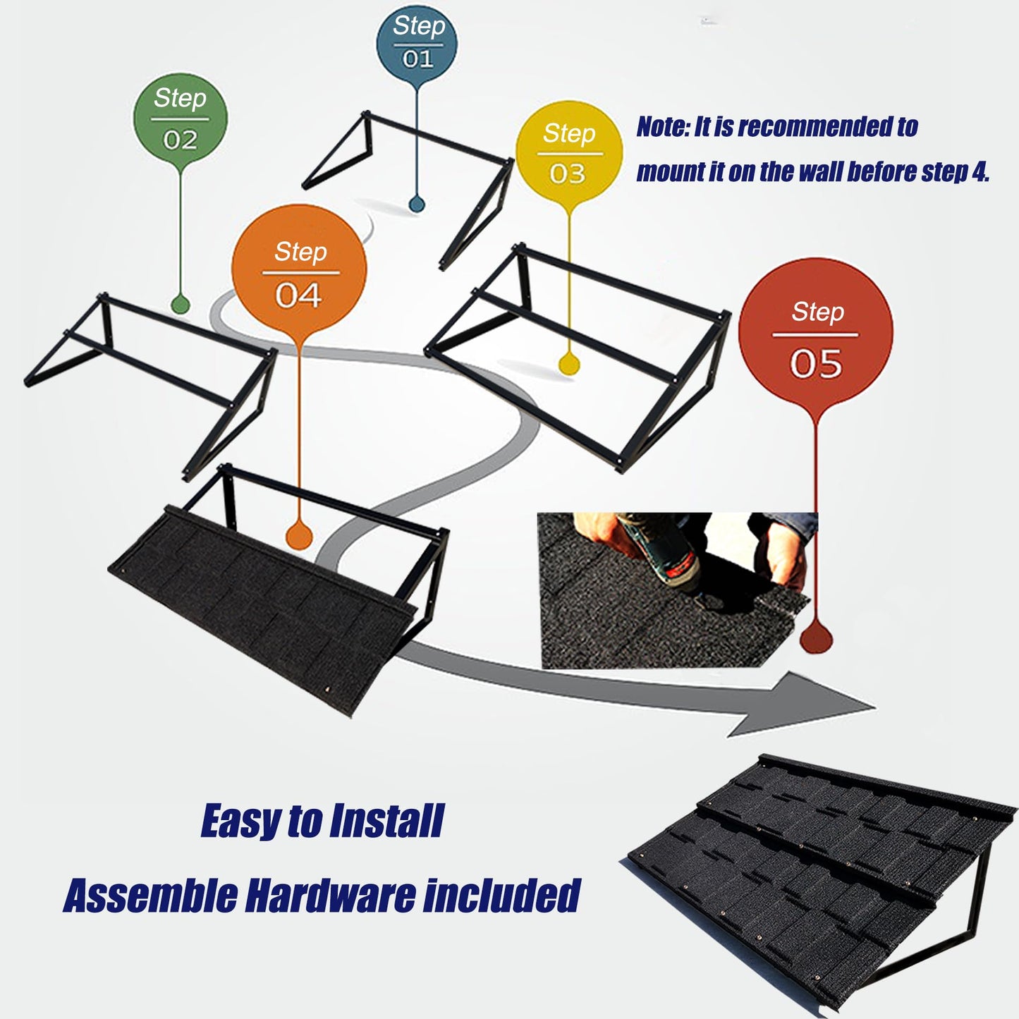 BIGalleons Fixed Metal Awnings 52 in W x 31 in H, Triangle Steel Frame with Tile Shaped Metal Awning for Door Entrance, Windows, Porches and Balconies (Black)