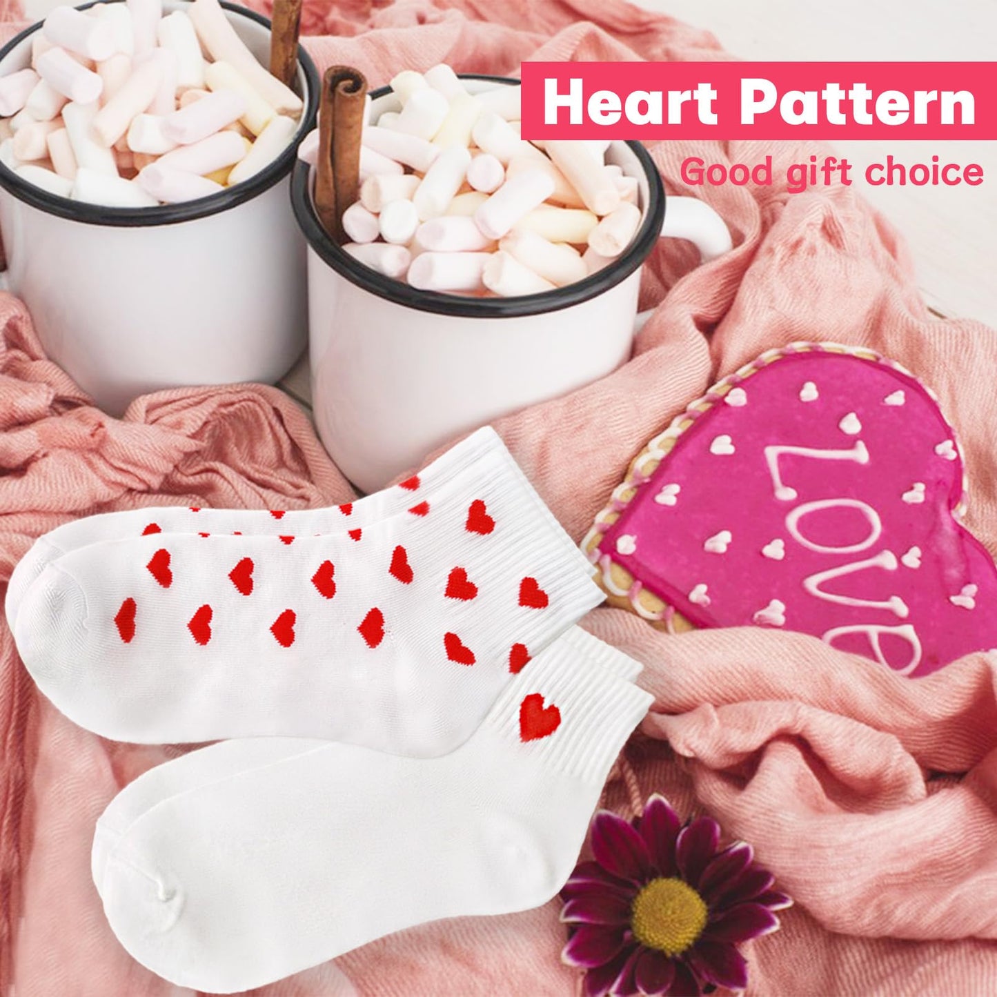 Fvcisshhu 4 Pairs Heart Ankle Socks,Cute Novelty Crew Sock for Womens Teens Girls,Girlfriend,Wife as Valentine's Day Gift,Red Heart Pattern