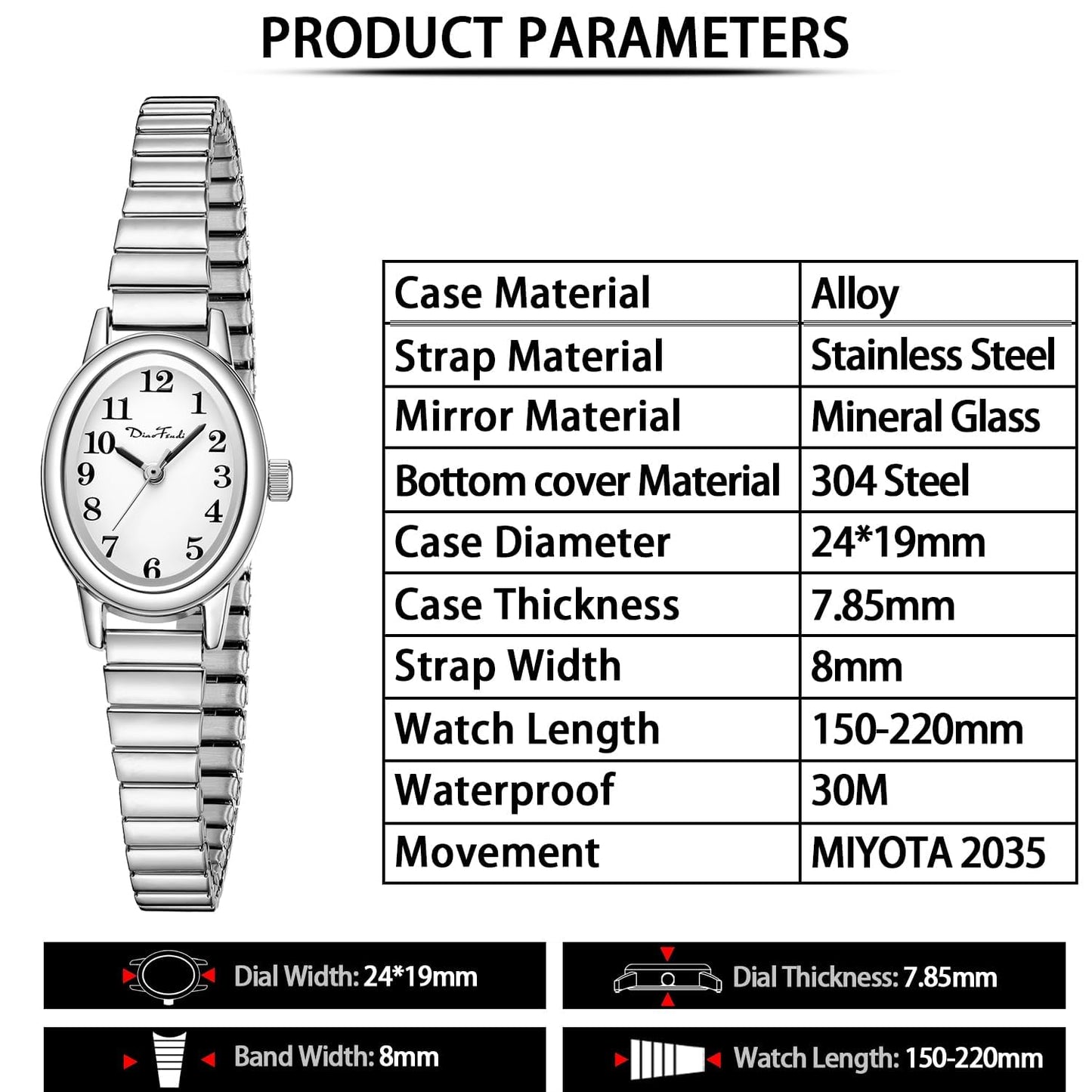 Diaofendi Petite Women's Easy Reader Watch, Analog Women Watch with Stainless Steel Expansion Band, Water Resistant (Silver, M(5.9"-7.5"))