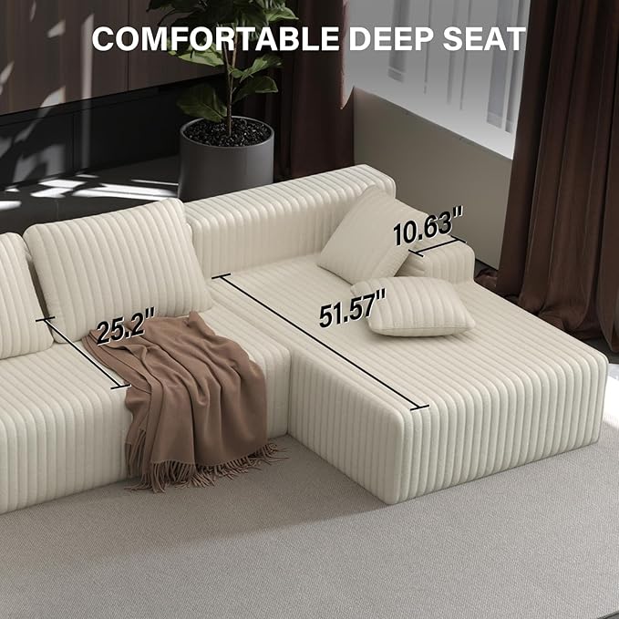LAUSAINT HOME 132" Modular Sectional Sofa Couches, U-Shaped Boneless Cloud Sofa with 4 Deep Seat, 6 Cushiones Oversized Chaise for Living Room, Bedroom, Plush Corduroy Fabric (U Shaped Sofa, Beige)