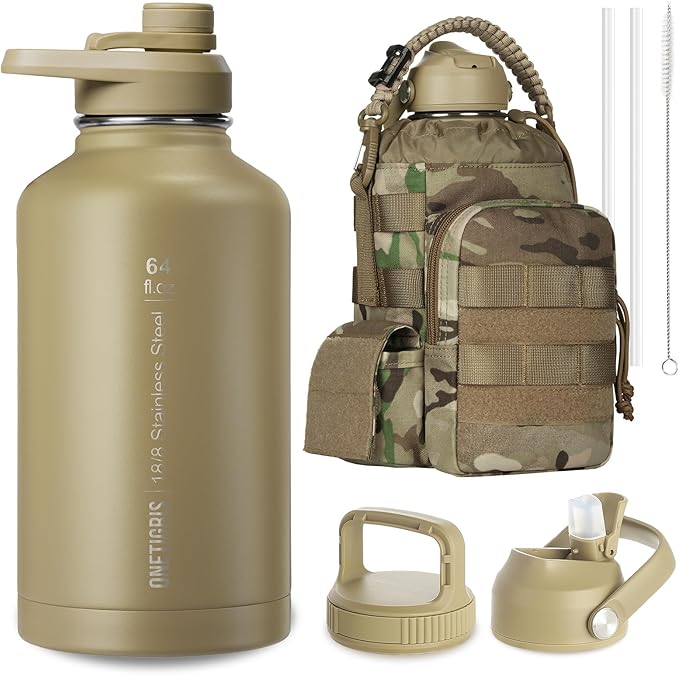 ONETIGRIS Tactical Half Gallon Water Bottle with Straw - 64 oz Vacuum Insulated Stainless Steel Water Jug, Leakproof Sport...