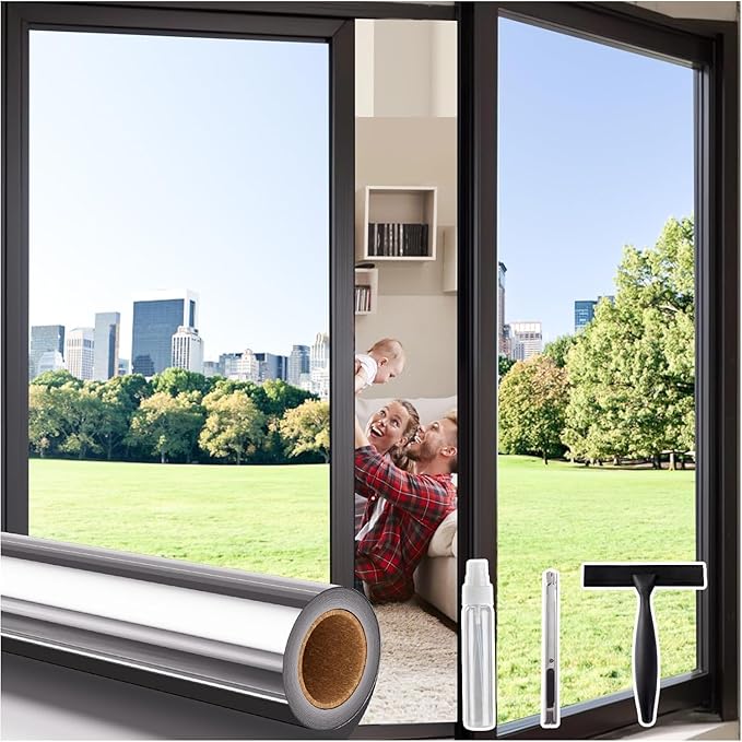 Coavas One Way Privacy Window Film,Daytime Window Tint for Home, Reflective Mirror Glass Window Film See Out Not in,Heat UV Blocking Anti-Glare Window Covers with 3 Tools, 23.6 x 393.7 Inch, Silver